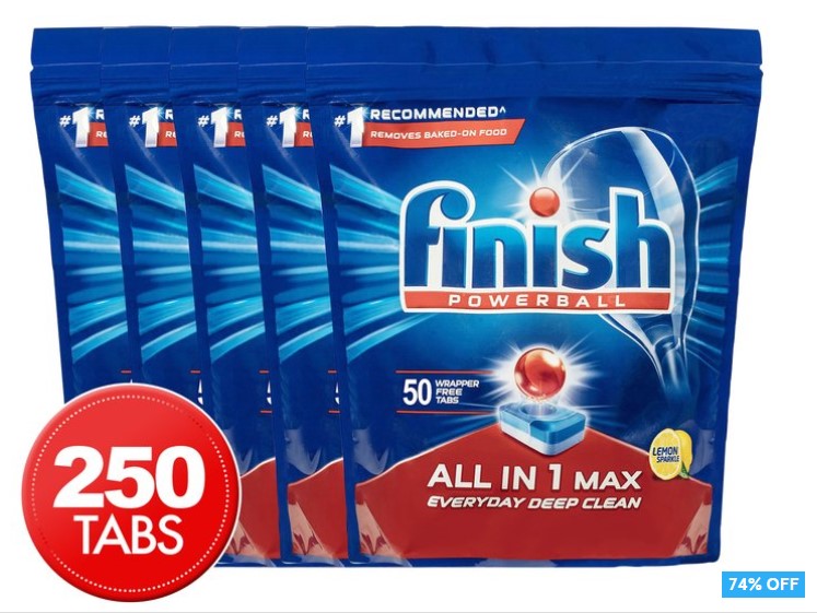 74% OFF 5 x 50pk Finish Powerball All in 1 Max Dishwashing Tabs Lemon Sparkle $45 (Retails $174)