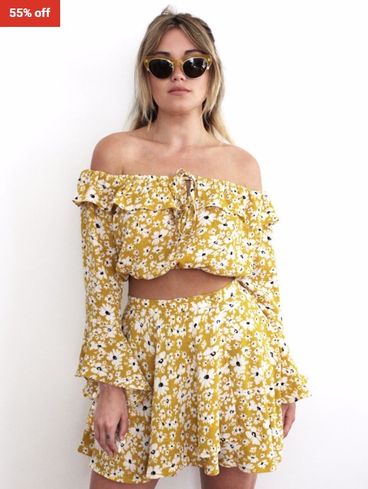 55% OFF Wyldr Amalfi Daisy On Yellow Print Off The Shoulder Crop Top With Tie Neck And Flared Sleeves $25 (RRP$56)