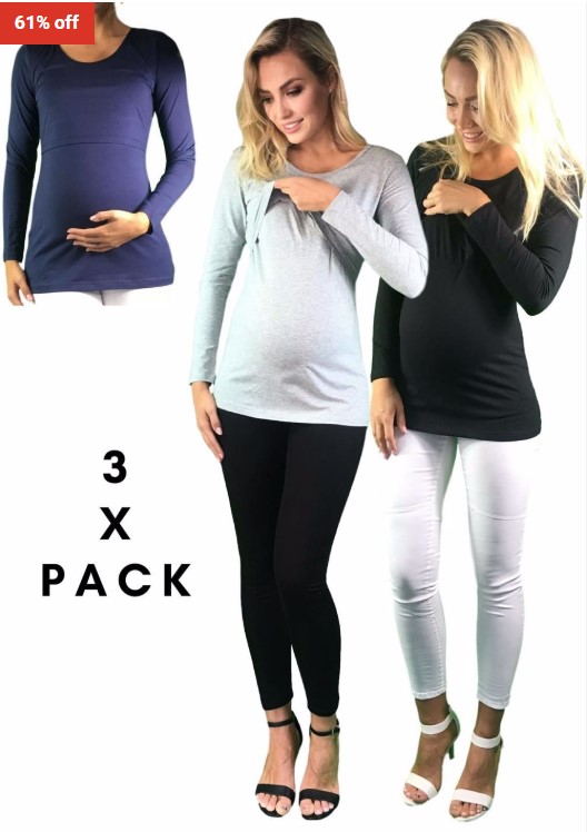 61% OFF Lilly & Me Maternity 3 x Pack Of Long Sleeve Cotton Maternity & Nursing Lift Up Tops – Black, Grey & Navy Blue $59 (RRP$149.85)