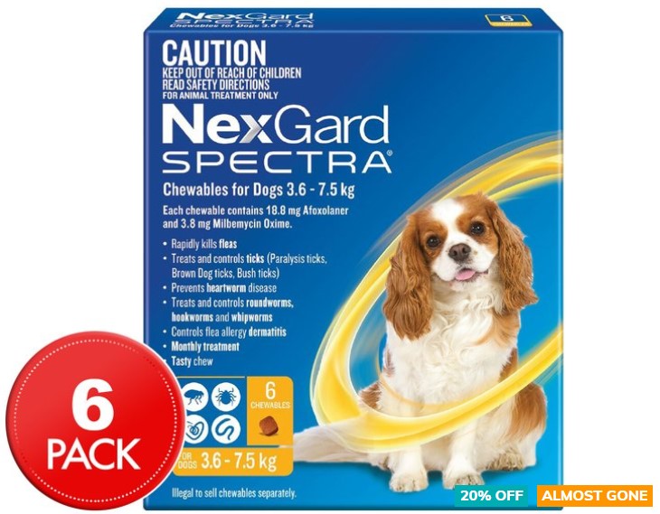 NexGard Spectra Flea, Tick & Worm Chews For Dogs 3.6-7.5kg 6pk $79.99 (Don’t pay $100.27)