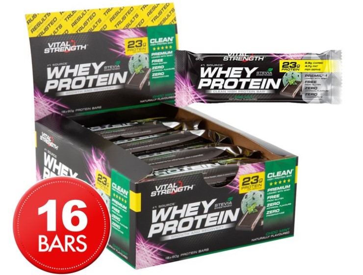 16 x Vital Strength Whey High Protein Bars Choc Mint 60g $12.99