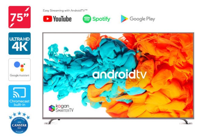 23% OFF Kogan 75″ XU9010 4K LED SmarterTV™ ( Android TV™, Smart TV ) $1,989 (Was $2,599)