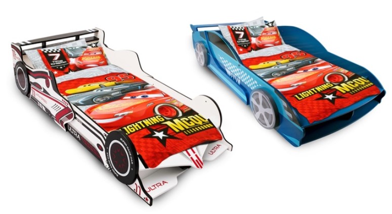 Kids’ Single-Sized Wooden Racing Car Bed Frame: White ($249) or Blue ($349)