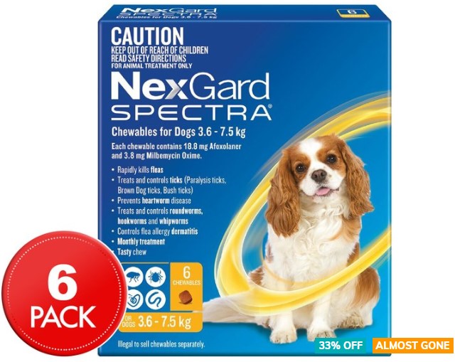 NexGard Spectra Flea, Tick & Worm Chews For Dogs 3.6-7.5kg 6pk $79.99 (Don’t pay $119.99)