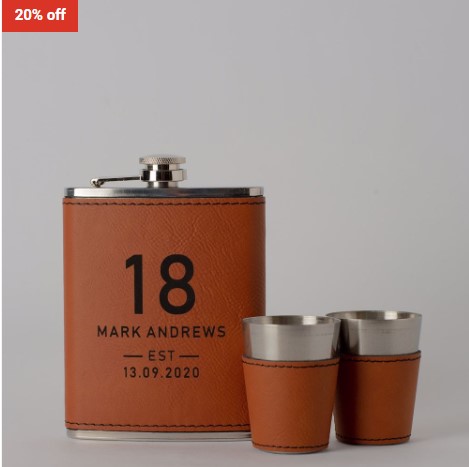 20% OFF Personalised Hip Flask & Shot Glass Set Tan Hip Flask & Shot Glass Set – Birthday EST $43.99 (RRP$54.99)