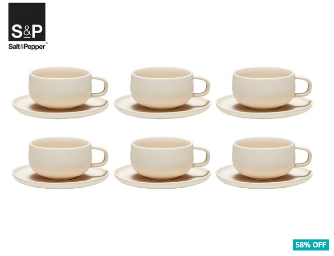 58% OFF Salt & Pepper Set of 6 Form Tea Cup + Saucer – Bisque $24.99 (Don’t pay $59.70)