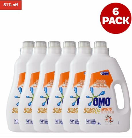 6 Pack- Omo 1.8l Laundry Liquid Front & Top Loader Sports Active Fresh $59 (RRP: $120)