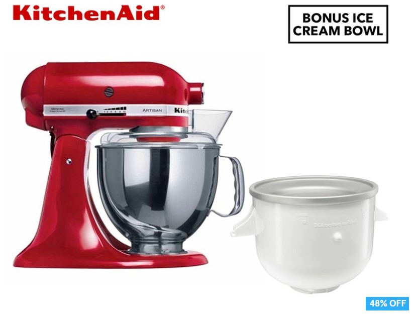 KitchenAid KSM150 Artisan Stand Mixer + FREE Ice Cream Bowl – Empire Red $464 (Don’t pay $899)