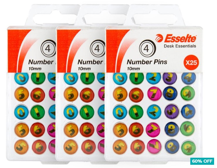 3 x Esselte Novelty 10mm Number Pins 25pk $5.59 (Retails $14.19)