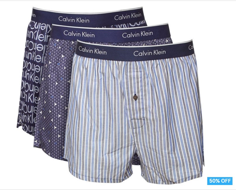 Calvin Klein Men’s Slim Fit Woven Boxer 3-Pack – Logo Print/Stripe/Peacoat $49.95