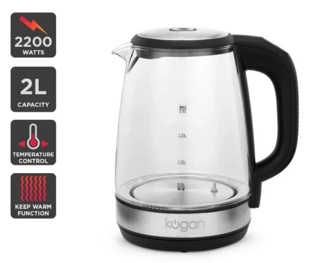 Kogan 2L Cordless Smart Glass Kettle 2200W $29