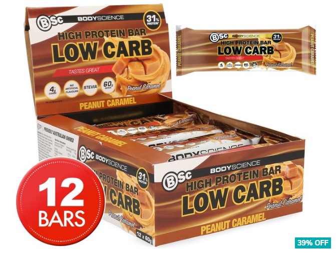 12 x BSc High Protein Low Carb Bar Peanut Caramel 60g $36 (Don’t pay $59.40)