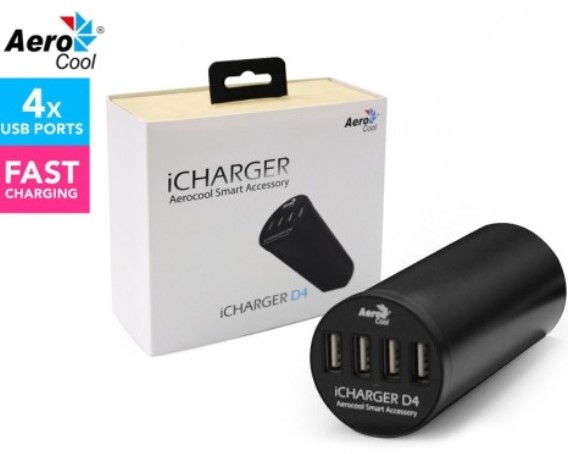 Aerocool iCharger D4 4-Port Smart Office USB 2.4A Fast Charger, 6A 30W, Fits Grommet, Clears Cable Clutter $19.00