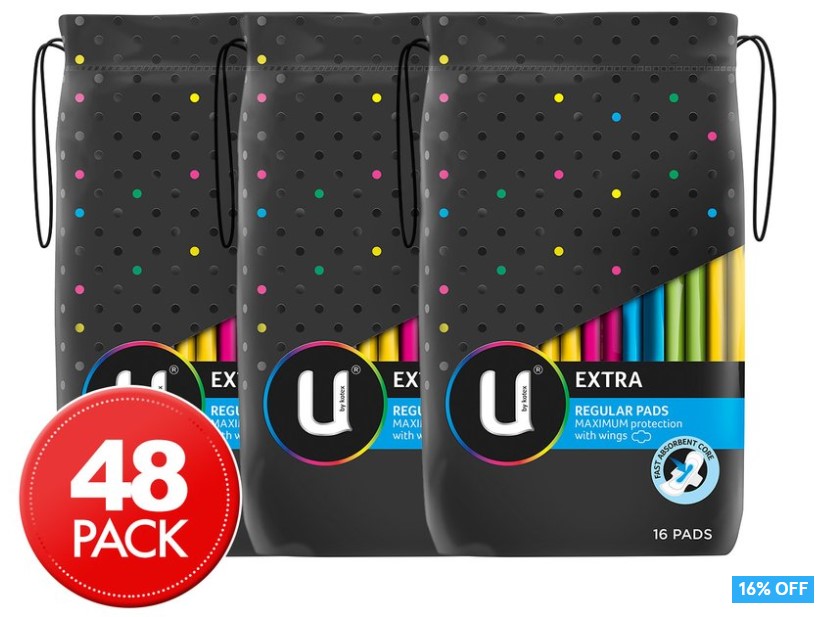 3 x U By Kotex Extra Regular Pads With Wings 16pk (RRP$11.97)