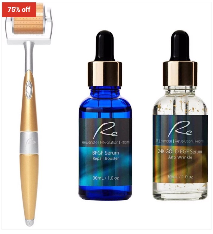 Face Derma Roller Tgld 540 Needles + Bfgf Serum + 24K Gold Serum $59 (RRP$238)