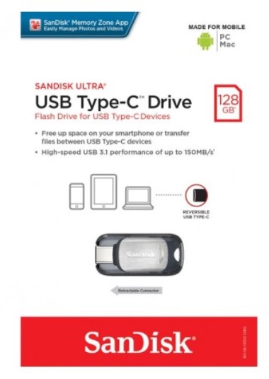 SanDisk 128GB CZ450 Ultra USB Type-C Flash Drive, Metal, Type C Reversible, Super-Thin Retractable $30.00 (RRP$49.00)