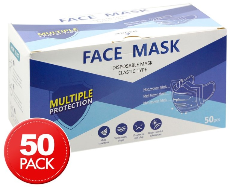 3 Ply Disposable Protective Face Masks 50-Pack $59.99