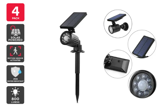 Solar Powered Motion Sensor LED Spot Light (Black, Tanimi) – 4 Pack $69.99 (Don’t Pay $119.96)