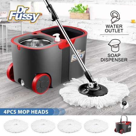 Dr Fussy 360 Degree Spin Rotating Mop and Bucket Set with Wheels and 4 Microfibre Mop Heads $49.99 Was $149.95