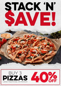 DEAL: Domino’s – 40% off 3 Large Traditional & Premium Pizzas Delivered