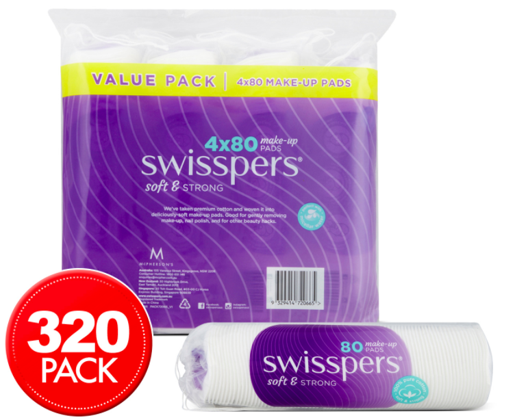 4 x 80pk Swisspers Make-Up Pads $9.99