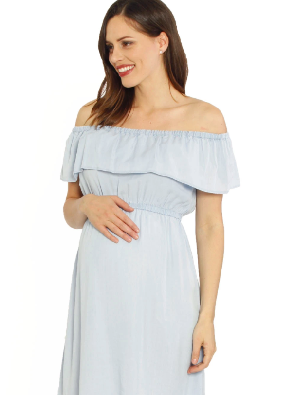 Maternity Off Shoulder Tencel Dress – Light Chambray $29.95 was $69.95