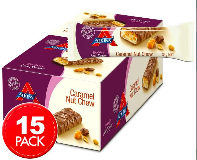 15 x Atkins Caramel Nut Chew Bars 34g $35