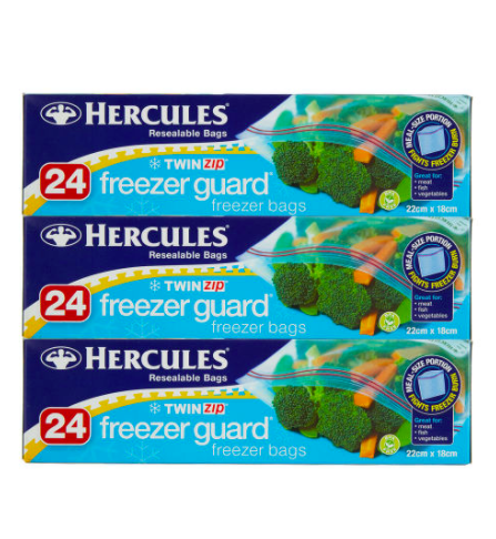 3 x Hercules Twin Zip Freezer Guard Storage Bags 24pk $6