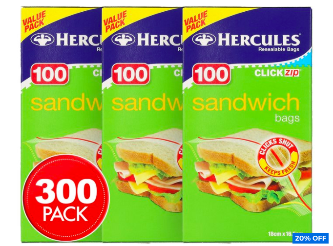 3 x Hercules Sandwich Bags 100pk $12 (Don’t pay $15)