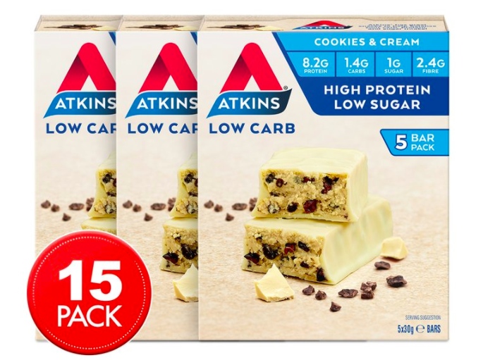 3 x Atkins Advantage Cookies & Cream 30g 5pk Low Carb Protein Bars $30