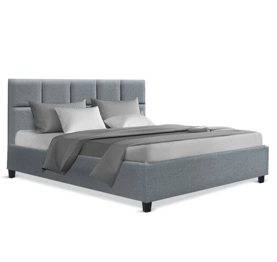 Queen Size Bed Frame Base Mattress Fabric Wooden Grey $254.00 (RRP $544.00)