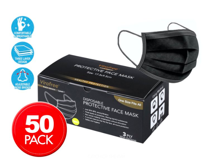 3 Ply Disposable Protective Face Masks 50-Pack – Black $39