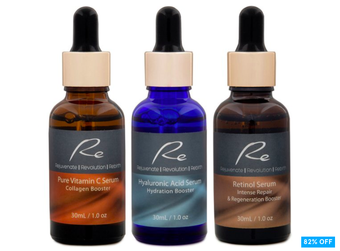 Re Pure Vitamin C, Hyaluronic Acid & Retinol Booster Serum Trio $38.97 Don’t pay $223.50