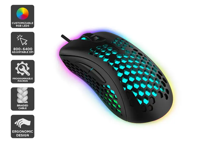 Blaze to victory with the ultra-precise Kogan GM-AIR Ultra Light Weight RGB 6400dpi Gaming Mouse (Black) for $16.99!