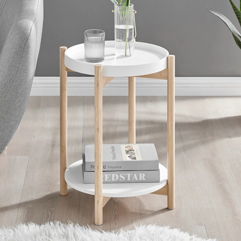Furnic Scandi Bamboo Round Side Table with Shelf $35